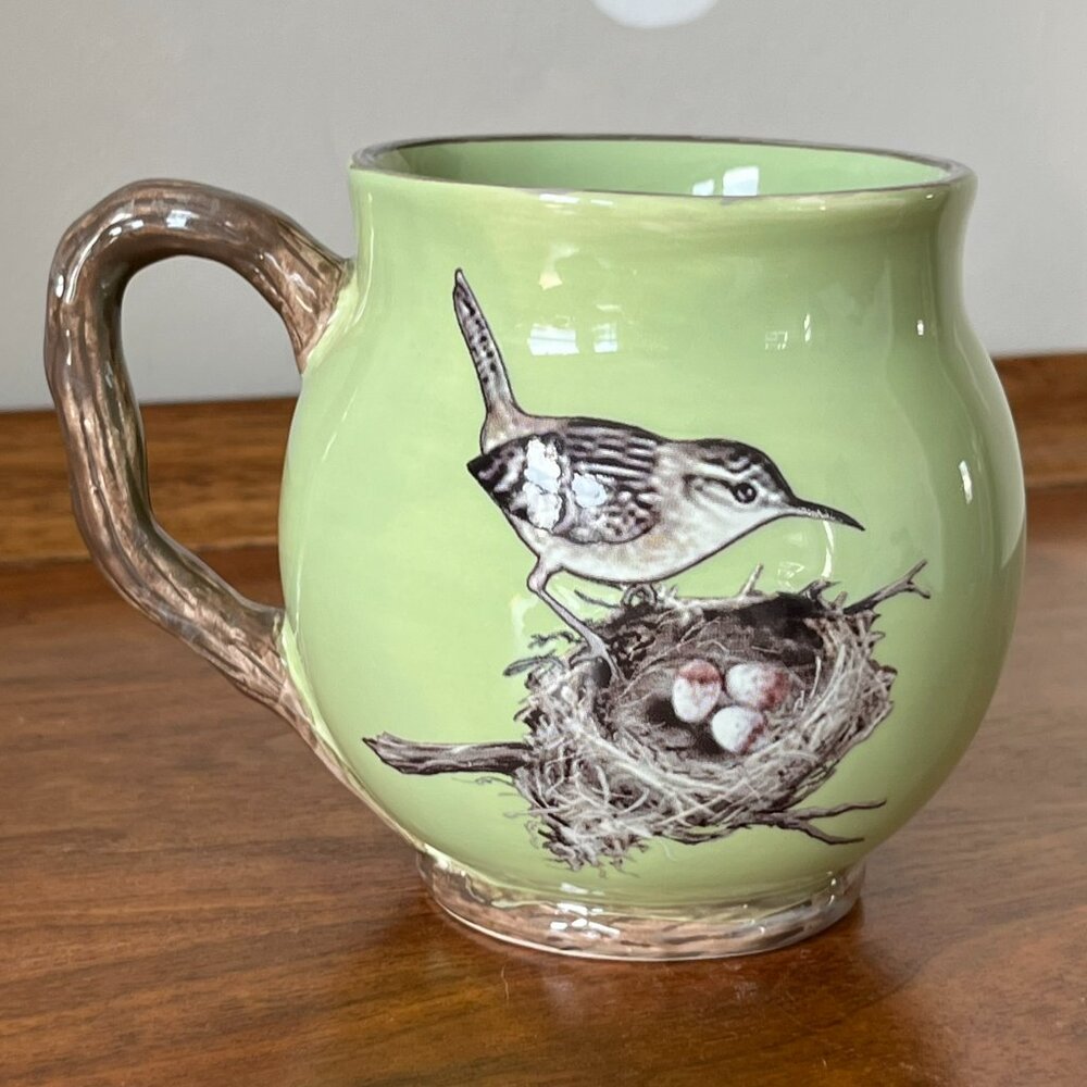 MWW Market Wren Mug Bird Green Double Sided Branch Handle Nest Eggs Coffee Cup